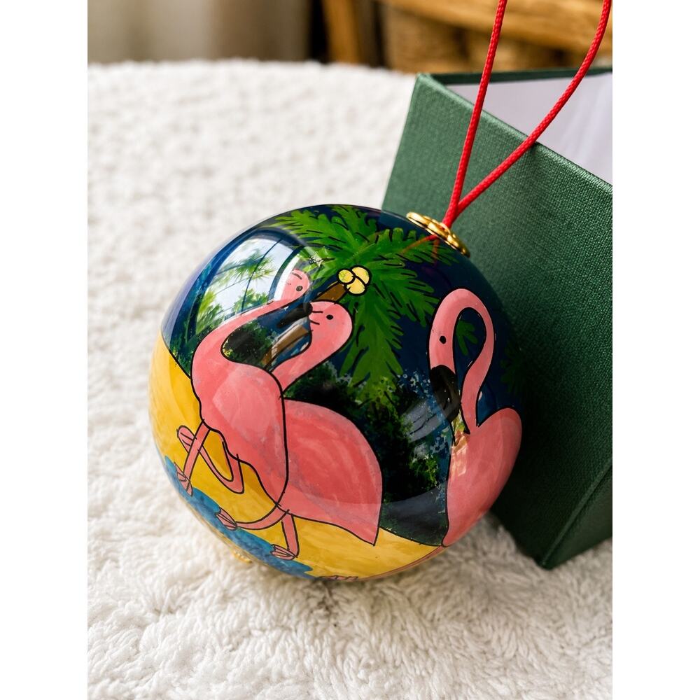 hand-painted glass ornament reverse-painted flamingo design by Paul Bent design